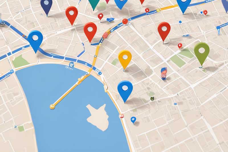 image depicting a Google map with pin drops for locations, city streets, and a water area in a town