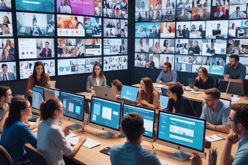 the benefits of social media marketing - image depicting a business meeting room with video screens showing various digital properties and a team of employees with workstations