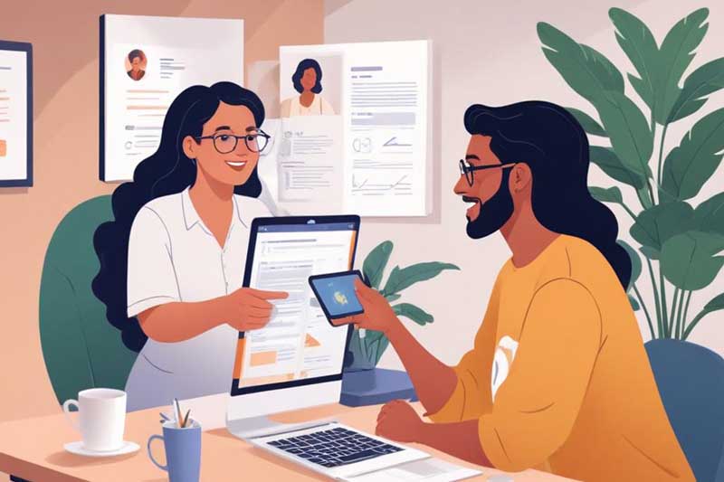 unlocking growth for businesses of all types - artistic rendition of a man and a woman speaking at a professional office, making a payment, writing a contract, conducting business